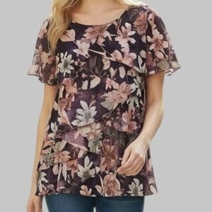 Semi Sheer Women’s Lined Burgundy Tiered Fairy Grunge Floral Blouse Top Size L